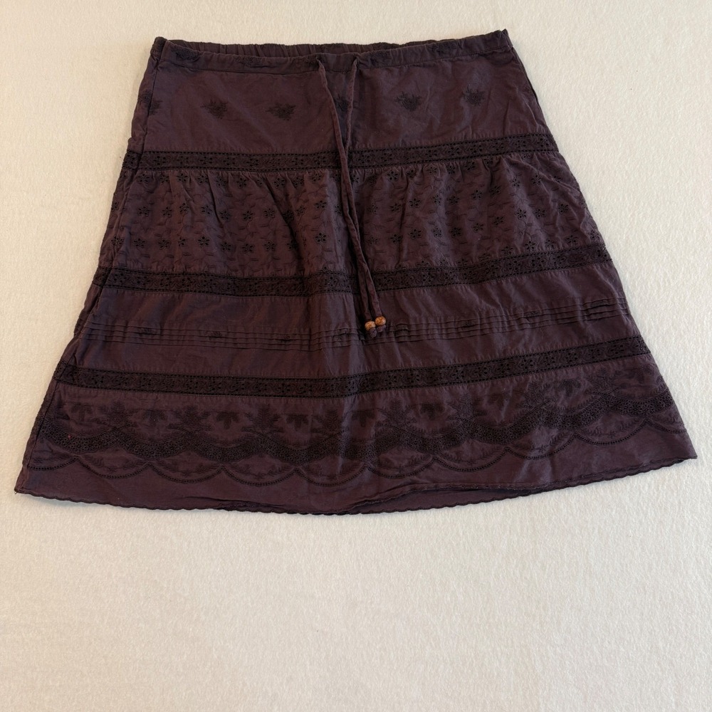 Prana Eyelet Embroidered Tiered Skirt Plum Purple Womens L Brown Y2K Hippie Boho